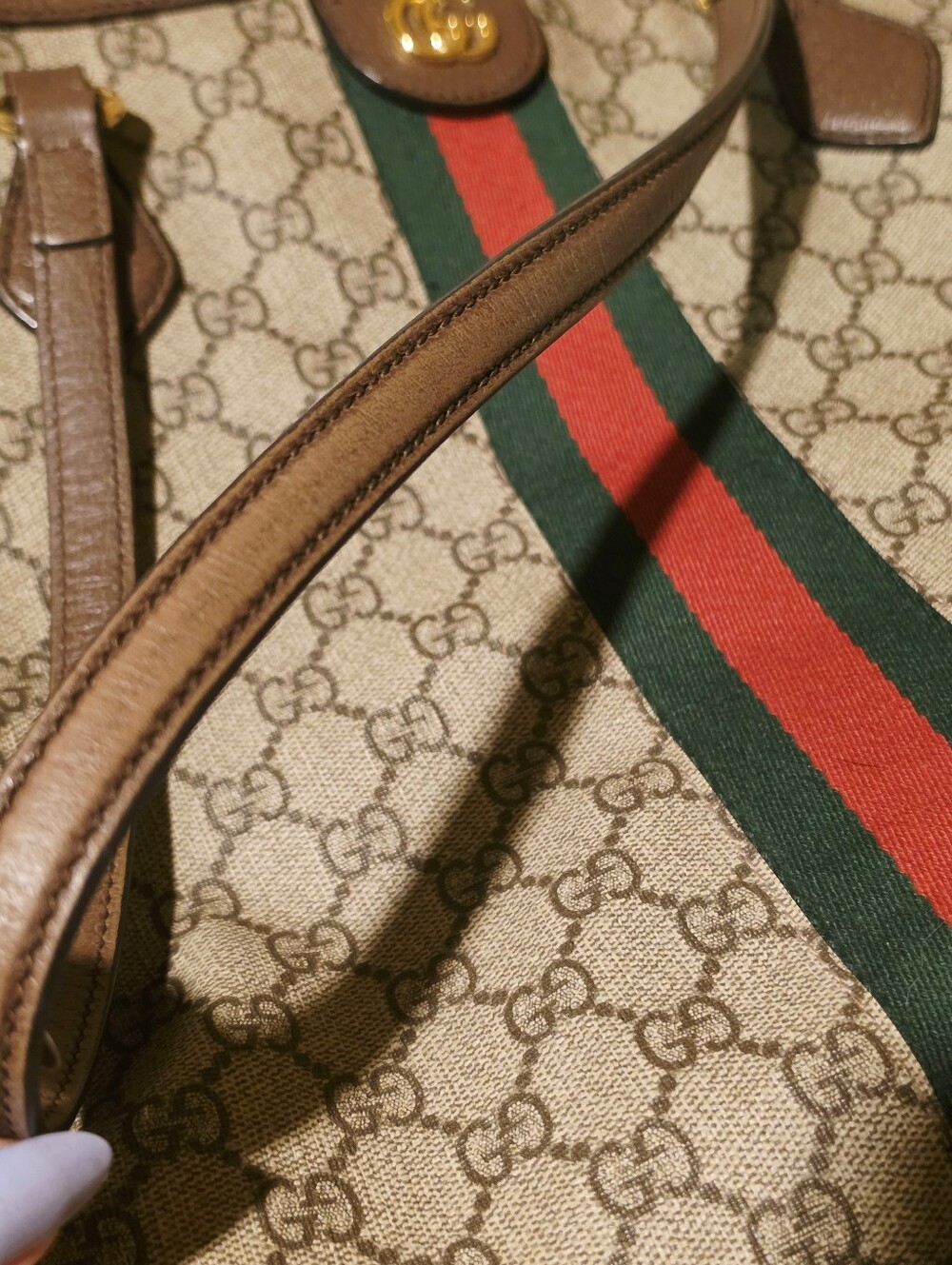 Gucci Ophidia Beige GG Canvas Tote with Brown Trim and Green-Red Web - Picture 6 of 16
